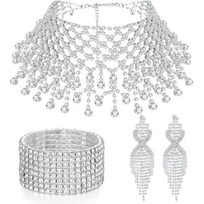 3 Pcs Women Crystal Jewelry Set Includes Bridal Wedding Rhinestone Choker Necklace Crystal Bracelets and Dangle Earrings in Saudi Arabia