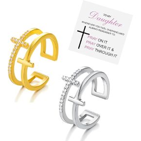 INERRWIX To My Daughter Cross Rings Pray Through It Cubic Zirconia Double Cross Ring Wedding Commitment Ring for Women