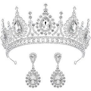 SWEETV Baroque Tiaras and Crowns for Women, Crystal Wedding Tiara for Bride, Crown Earrings Jewelry Set