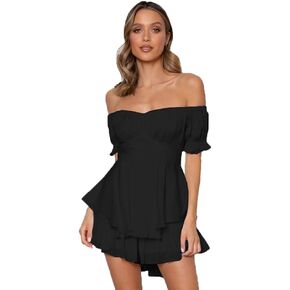 Plustrong Womens Boho Floral Print Off Shoulder Romper Ruffle Hem Jumpsuits Tie Short Rompers in Saudi Arabia