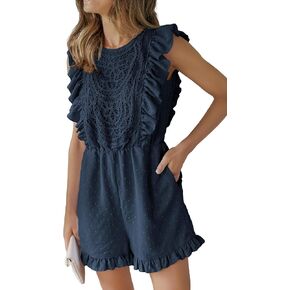 Angashion Womens Rompers 2023 Dressy Summer Casual Embroidery Lace Print One Piece Outfit Ruffle Shorts Jumpsuit in Saudi Arabia