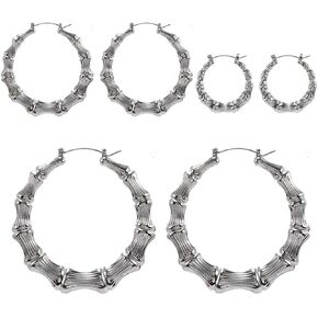 3 Pairs Gold Tone Large Bamboo Style Hoop Earrings for Women Girls Round Circle Statement Hip-Hop Earrings