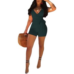 Akmipoem Women's Spaghetti Strap Romper Wrap Front V Neck Solid Shorts Jumpsuit with Belt