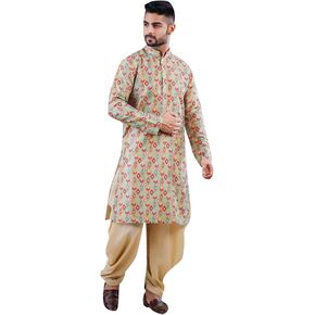 ELINA FASHION Men's Indian Satin Cotton Kurta Dhoti Set Tunic Traditional Wear