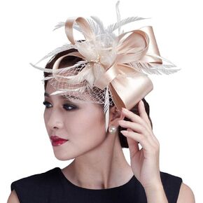 elaine_closet Cambric Fascinator Wedding Evening Party Derby Hat with Veil Feather Hair Clip