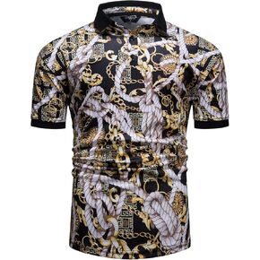 fohemr Mens Luxury Polo Shirts Black Gold Short Sleeve Baroque Chain Print Casual Wicking Golf Flower T-Shirt