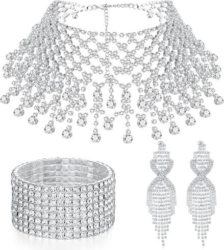 3 Pcs Women Crystal Jewelry Set Includes Bridal Wedding Rhinestone Choker Necklace Crystal Bracelets and Dangle Earrings in Saudi Arabia