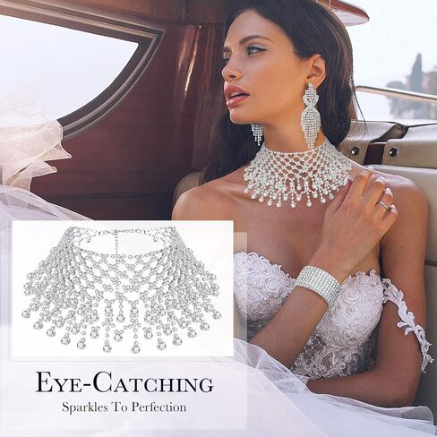 3 Pcs Women Crystal Jewelry Set Includes Bridal Wedding Rhinestone Choker Necklace Crystal Bracelets and Dangle Earrings in Saudi Arabia