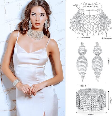 3 Pcs Women Crystal Jewelry Set Includes Bridal Wedding Rhinestone Choker Necklace Crystal Bracelets and Dangle Earrings in Saudi Arabia