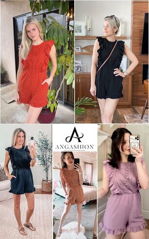 Angashion Womens Rompers 2023 Dressy Summer Casual Embroidery Lace Print One Piece Outfit Ruffle Shorts Jumpsuit in Kuwait