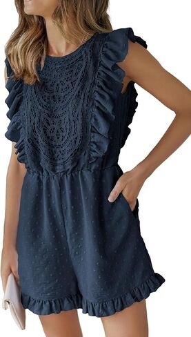 Angashion Womens Rompers 2023 Dressy Summer Casual Embroidery Lace Print One Piece Outfit Ruffle Shorts Jumpsuit in Kuwait