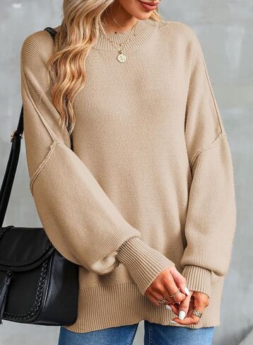 كنزات نسائية موضة 2023 من EVALESS بلوفر منسوج ومضلع بياقة واسعة وأكمام واسعة كبيرة الحجم in Kuwait