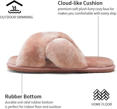 Vepose Women's Cross Band Slippers Soft Plush Furry Open Toe Fur Slides Fuzzy Fluffy Slip on House Shoes Indoor Outdoor Slippers in Kuwait