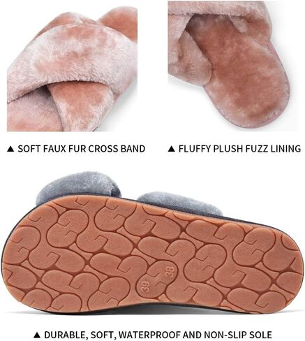 Vepose Women's Cross Band Slippers Soft Plush Furry Open Toe Fur Slides Fuzzy Fluffy Slip on House Shoes Indoor Outdoor Slippers in Kuwait