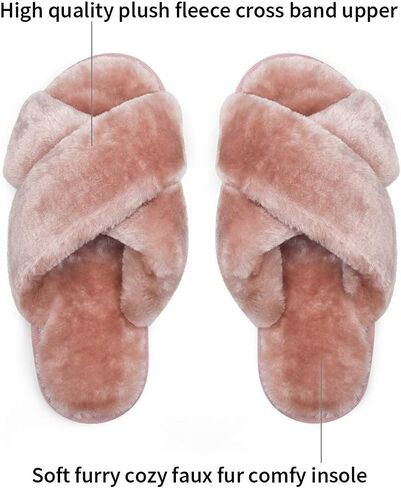 Vepose Women's Cross Band Slippers Soft Plush Furry Open Toe Fur Slides Fuzzy Fluffy Slip on House Shoes Indoor Outdoor Slippers in Kuwait