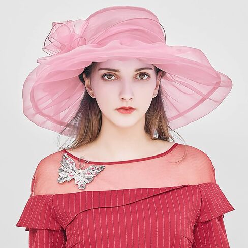 قبعات الأورجانزا النسائية المحببة، قبعة فاسيناتور لحفلات الشاي وحفلات الزفاف والكنيسة، قبعات شمسية ذات حافة واسعة مع زهرة in Kuwait