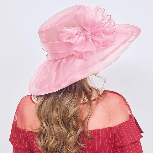 قبعات الأورجانزا النسائية المحببة، قبعة فاسيناتور لحفلات الشاي وحفلات الزفاف والكنيسة، قبعات شمسية ذات حافة واسعة مع زهرة in Kuwait