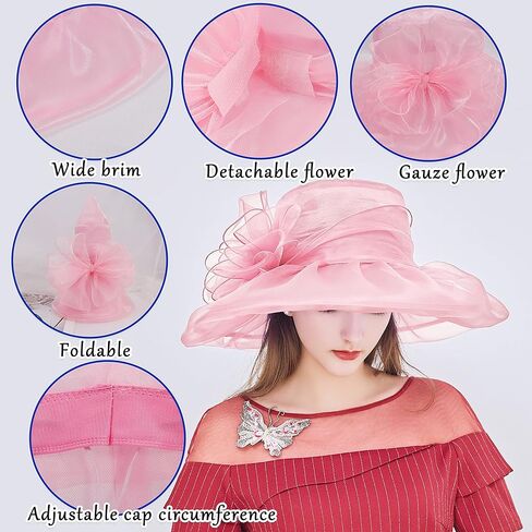 قبعات الأورجانزا النسائية المحببة، قبعة فاسيناتور لحفلات الشاي وحفلات الزفاف والكنيسة، قبعات شمسية ذات حافة واسعة مع زهرة in Kuwait