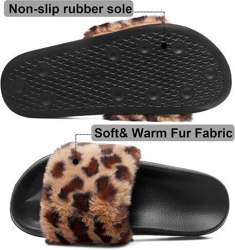 Slides for Women Womens Slippers Fur Fuzzy Fluffy for House Bedroom | Flat Slide Sandals Faux Fur Open Toe Arch Support Casual Indoor Outdoor Summer Winter in Kuwait