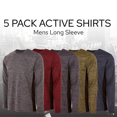 Essential Elements Mens Active T-Shirt - Quick-Dry Athletic Workout Training Crew Neck Long Sleeve Top 5 Pack in Kuwait