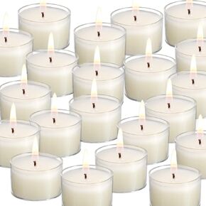 qinxiang 100 Pack Unscented Ivory Clear Cup Tea Light Candles for Dinner, Wedding, Party, Spa, Church, Home Decor Tealights