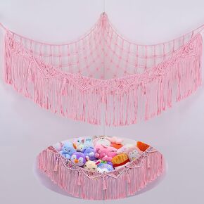 Basumee Stuffed Animals Hammock Corner with Tassels Toy Storage Organizer Hanging Net for Stuffed Animals Storage Girls Kids Room Decor Stuff Animals Holder Toy Hammock, White