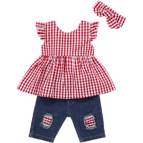 طقم عصابات رأس أزرق مكشكش قصير الأكمام + ملابس طفلة جينز ممزق in Kuwait