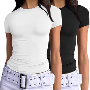 ENSDOAR 2 Piece Women's Casual Basic Going Out Crop Tops Slim Fit Short Sleeve Crew Neck Tight T Shirts in Saudi Arabia