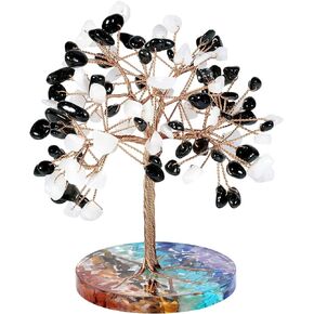 rockcloud Rose Quartz & Aquamarine Crystal Copper Wire Money Tree with Round Colorful Resin Base, Handmade Bonsai Stone Tree for Office Home Table Decorations, Pink&Blue