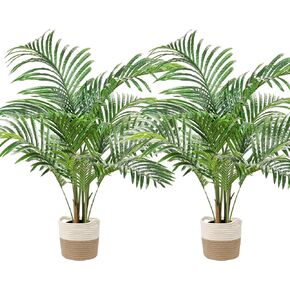 Artificial Palm Silk Tree Plant 2.5ft Fake Tropical Bonsai Plants 30 Inch with Black Plastic Pot for Outdoor Indoor Home Office Decorations, 2 Pack