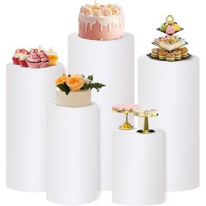 Set of 5 Spandex Cylinder Pedestal Stand Covers Black Round Cylinder Tables Covers Cylinder Plinth Display Box Stand Covers for Party Wedding Baby Shower Birthday Decor (Cylinder Stands not included)