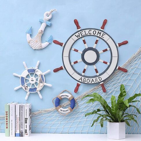 Asense Wall Hanging Art Wooden Anchor with Rope Nautical Themed Wall Decor Ornament Beach Theme Home Decoration, 9.8 x 12.2 in - Blue in Kuwait