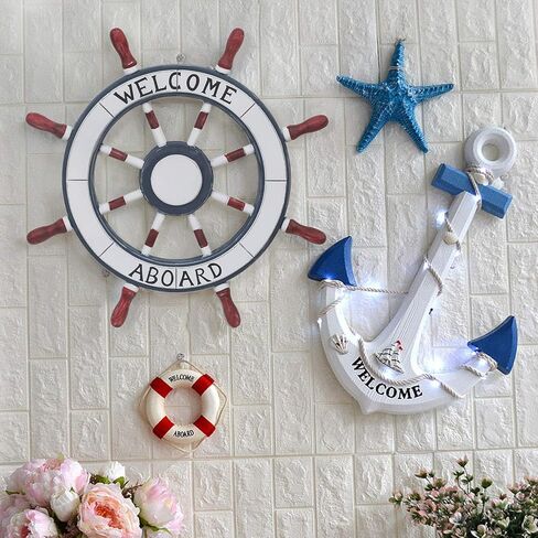 Asense Wall Hanging Art Wooden Anchor with Rope Nautical Themed Wall Decor Ornament Beach Theme Home Decoration, 9.8 x 12.2 in - Blue in Kuwait