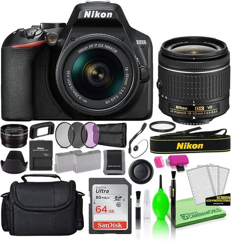 Nikon D3500 24.2MP DSLR Digital Camera with AF-P DX 18-55mm Lens (1590) Deluxe Bundle -Includes- Sandisk 64GB SD Card + Large Camera Bag + Filter Kit + Spare Battery + Telephoto Lens + More in Saudi Arabia