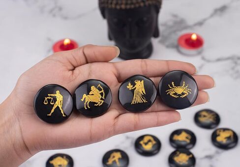 Crocon Assorted Stone Zodiac or Horoscope Symbols Engraved Stones with Name (Set of 12) for Reiki Healing Gemstone Love Crystal Sun Sign Gift in Saudi Arabia