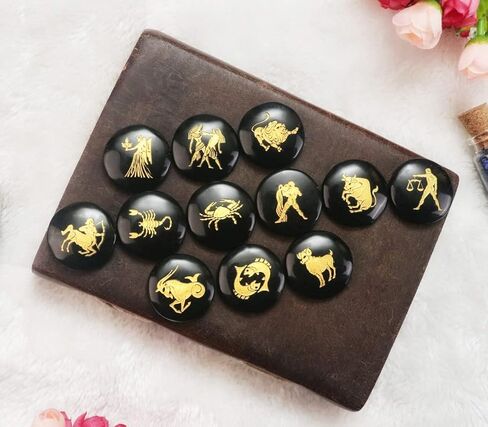 Crocon Assorted Stone Zodiac or Horoscope Symbols Engraved Stones with Name (Set of 12) for Reiki Healing Gemstone Love Crystal Sun Sign Gift in Saudi Arabia