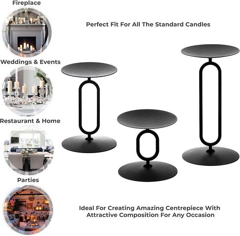 Candle Holders Black Metal Base Candleholders for Desk Top Decoration Table or Mantel Centerpiece in Dining & Living Room, Candelabra for flameless LED, Sphere & Pillar Candles (Set of 3) in Saudi Arabia