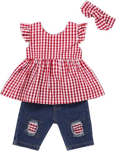 طقم عصابات رأس أزرق مكشكش قصير الأكمام + ملابس طفلة جينز ممزق in Kuwait