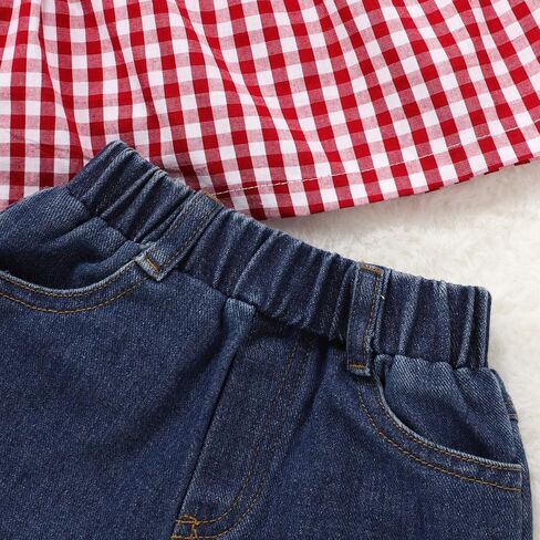 طقم عصابات رأس أزرق مكشكش قصير الأكمام + ملابس طفلة جينز ممزق in Kuwait