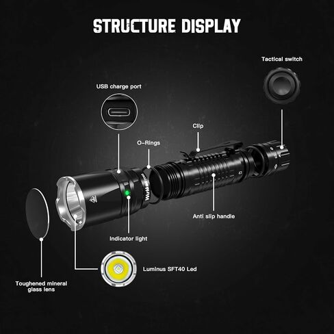 Wurkkos LED Tactical Flashlight Rechargeable - TD03 EDC Flashlight 1800 High Lumens - Tail Rotary Switch One Click Strobe Flashlight Longest Range 1158 feet for Outdoor Indoor Activities in Kuwait