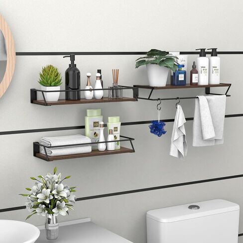 LATOURTIKAROGAN Floating Shelves for Wall, Home Decor Storage, Wood Shelf for Wall Storage, 3 Sets of Wall Mounted Shelves with Metal Frame for Bedroom, Bathroom, Living Room, Kitchen (Black) in Saudi Arabia