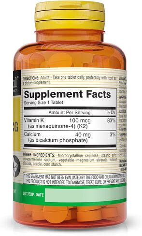 MASON NATURAL Vitamin K2 100 mcg with Calcium - Supports Cardiovascular, Bone and Muscle Health, Promotes Calcium Metabolism, Healthy Immune System, 100 Tablets (Pack of 3) in Saudi Arabia