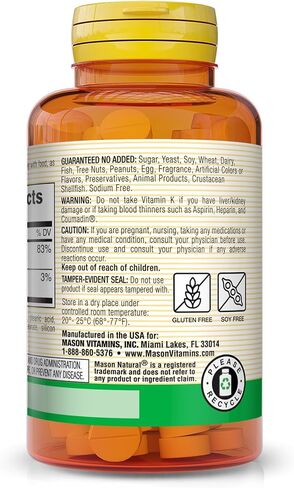MASON NATURAL Vitamin K2 100 mcg with Calcium - Supports Cardiovascular, Bone and Muscle Health, Promotes Calcium Metabolism, Healthy Immune System, 100 Tablets (Pack of 3) in Saudi Arabia