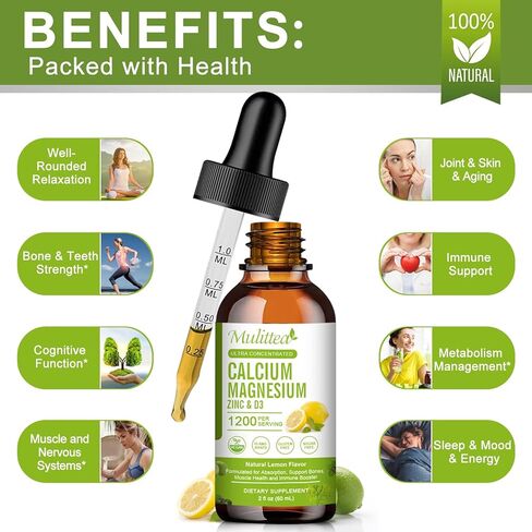 Mulittea Calcium Magnesium Zinc with Magnesium Glycinate 500mg Plus Vitamin C D3 K2 | 2 Month Supply | Calcium Supplement | Bone Support | Calcium with Vitamin D3 K2 Liquid Drop | Gluten Free |1 Pack in Kuwait