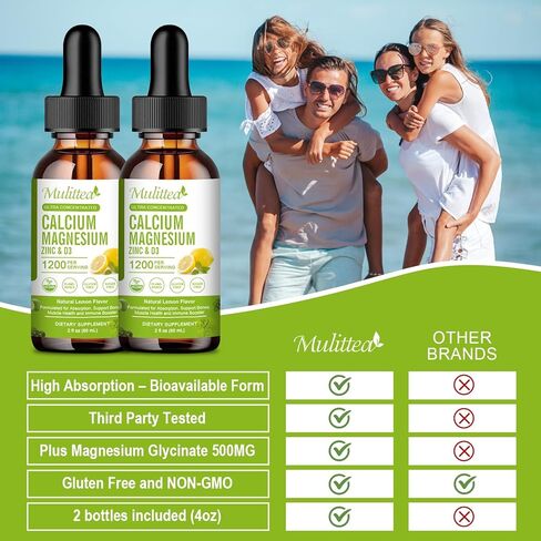 Mulittea Calcium Magnesium Zinc with Magnesium Glycinate 500mg Plus Vitamin C D3 K2 | 2 Month Supply | Calcium Supplement | Bone Support | Calcium with Vitamin D3 K2 Liquid Drop | Gluten Free |1 Pack in Kuwait