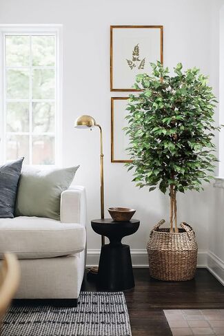 plant Artificial Ficus Tree 3ft in Cotton Pot Fake Silk Plant with Green White Leaves Natural Trunk for Indoor Outdoor Home Garden Decor, Green,white in Saudi Arabia