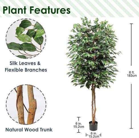 plant Artificial Ficus Tree 3ft in Cotton Pot Fake Silk Plant with Green White Leaves Natural Trunk for Indoor Outdoor Home Garden Decor, Green,white in Saudi Arabia