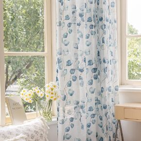 Blue Leaf Semi Sheer White Curtains for Bedroom Dining Living Room Linen Textured 84 inches Long 2 Panels Rod Pocket Light Filtering Vine Boho Window Drapes in Kuwait
