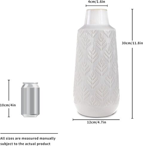 12 Inch Ceramic Vase for Home Decor, White Boho Faded Flower Vase, Off-White Leaf Texture Vase for Home Countertop, Shelf, Centerpiece and Table Deocration in Kuwait