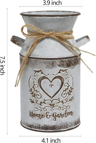 مزهرية HIDERLYS مقاس 7.5 بوصة مزخرفة باللون الرمادي مع تصميم على شكل قلب وحبل، علبة حليب معدنية مجلفنة إبريق ريفي لغرفة المعيشة وغرفة النوم والمطبخ in Kuwait